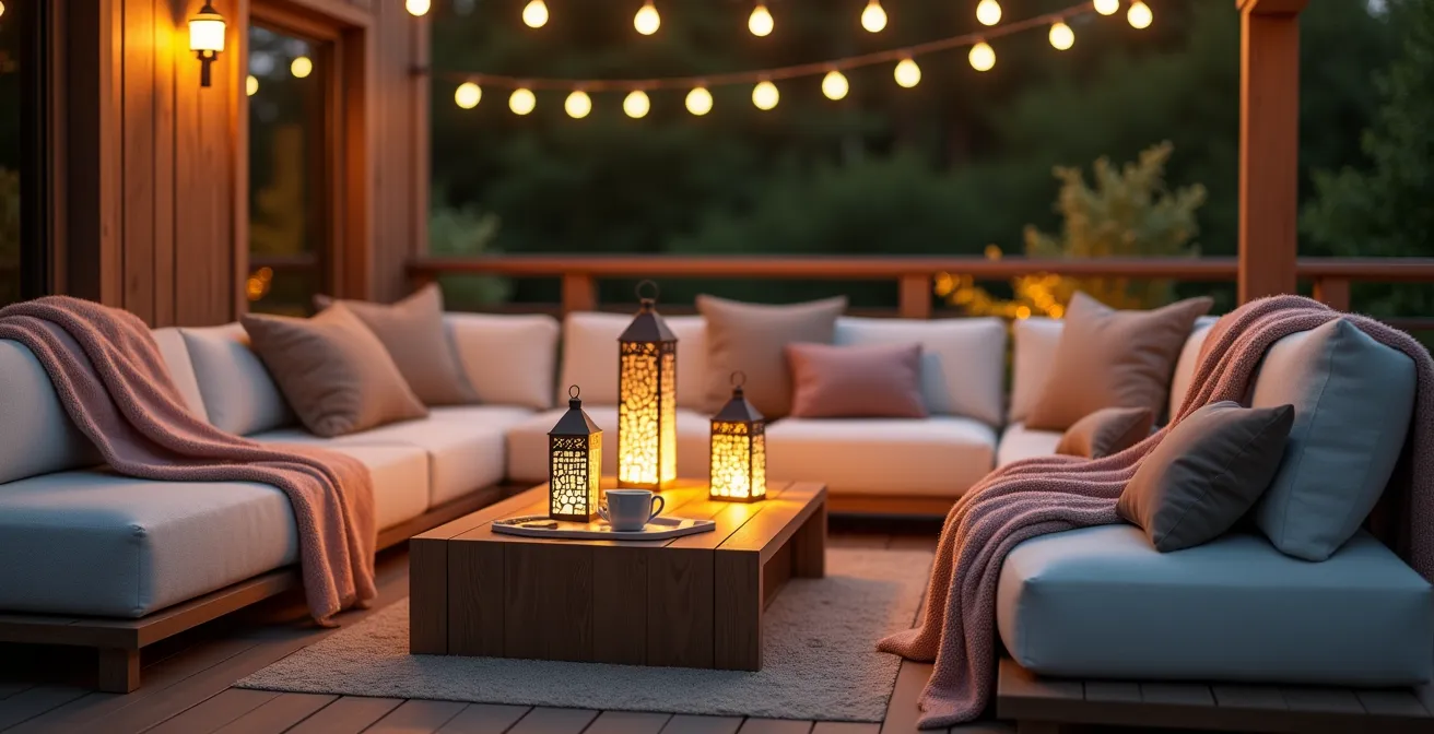 Arrangement élégant de plaids douillets et lanternes sur terrasse canadienne au crépuscule