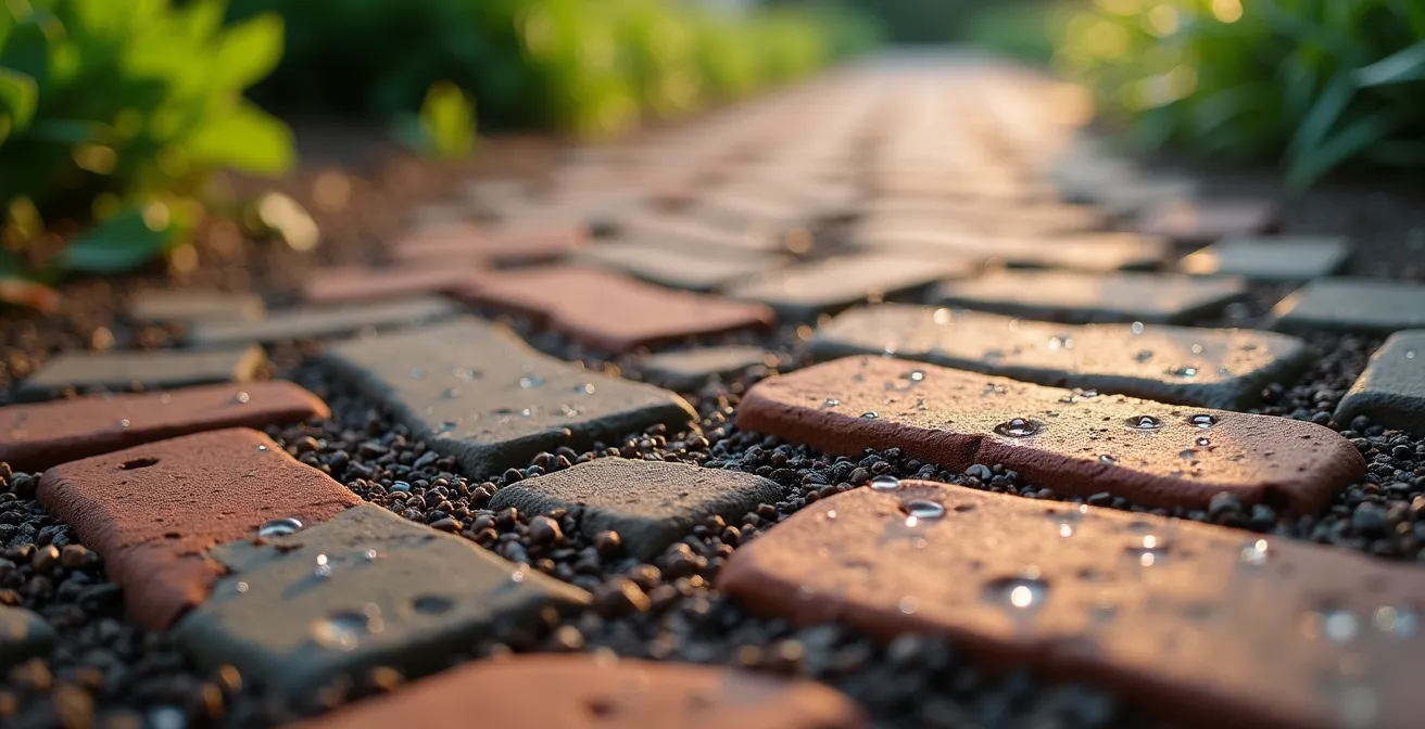 Allées de potager avec paillis de sarrasin noir et briques récupérées formant des motifs géométriques
