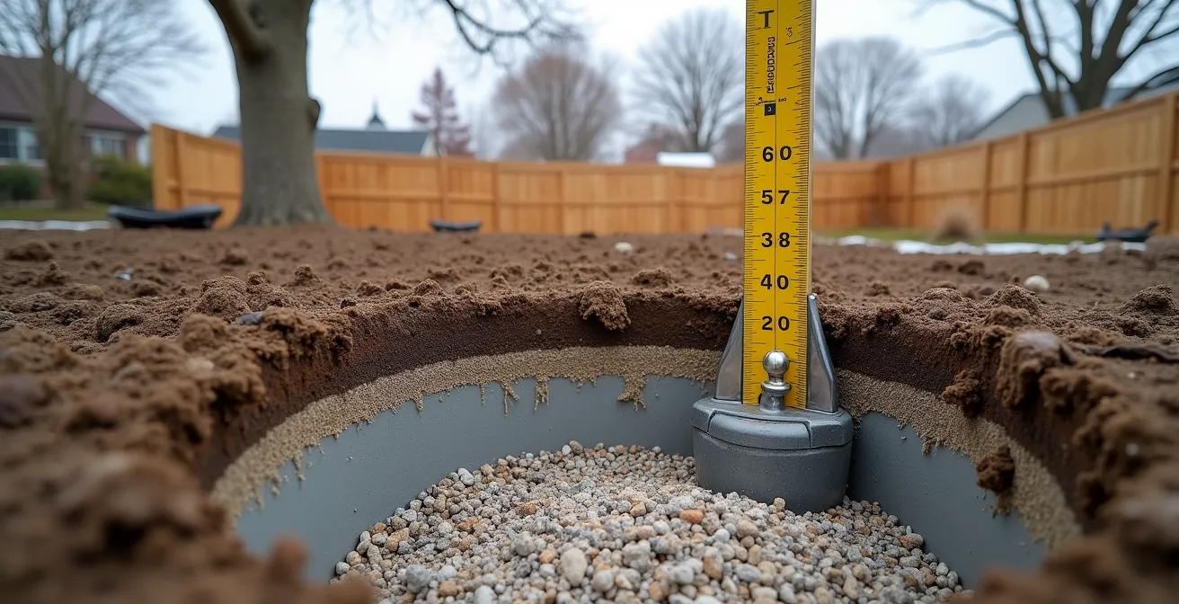 Vue en coupe d'un ancrage de poteau dans le sol canadien montrant la profondeur sous la ligne de gel