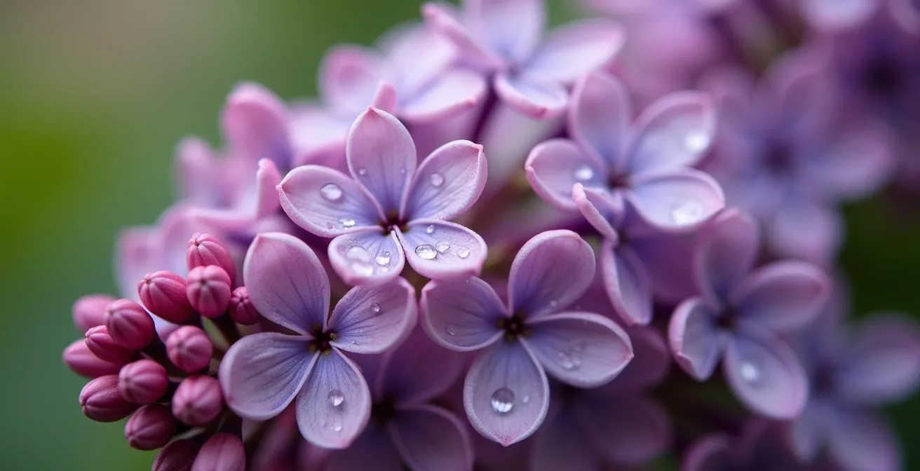 Gros plan sur des fleurs de lilas violettes, montrant la texture délicate des pétales avec des gouttes de rosée.