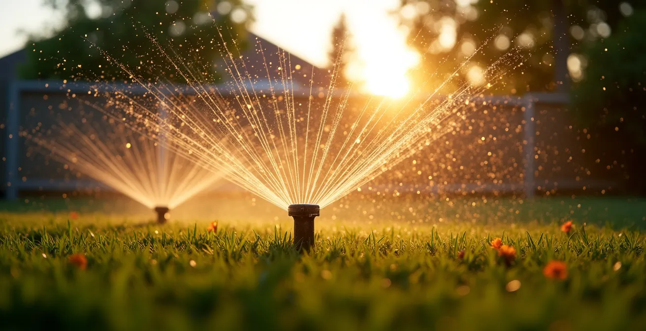 Arrosage matinal d'un jardin canadien avec système d'irrigation au lever du soleil, créant des arcs-en-ciel dans la brume.