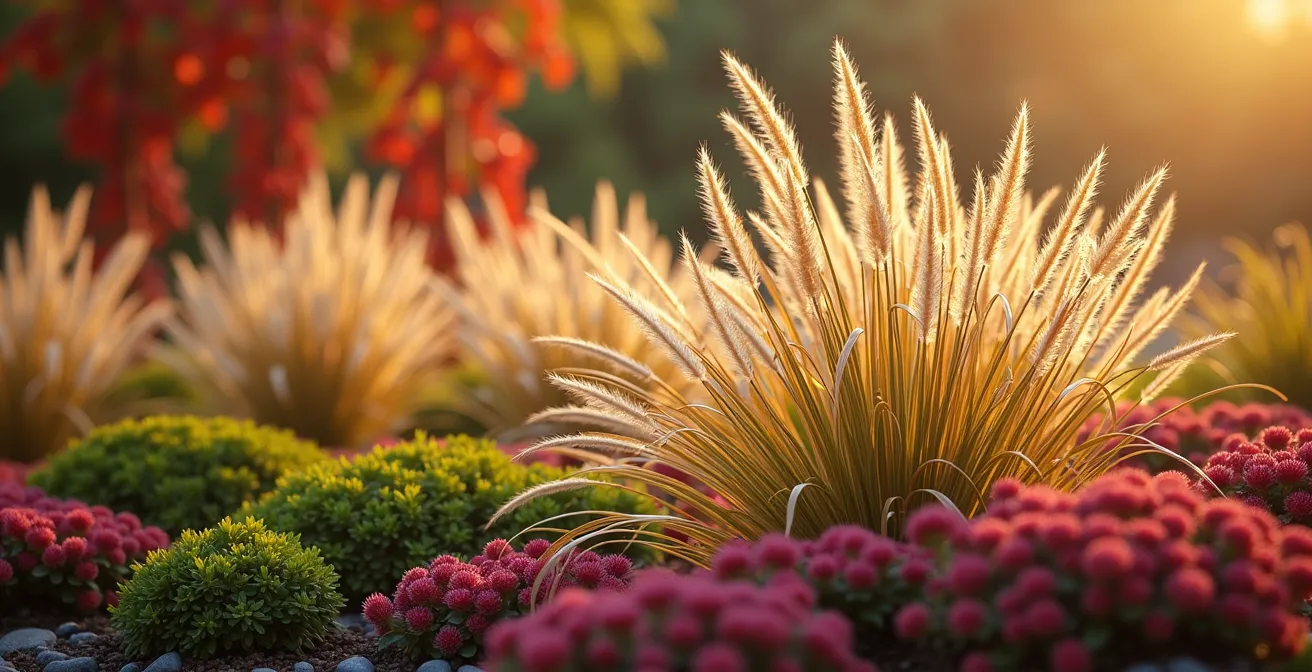 Massif automnal associant Calamagrostis dorés, Sedums pourpres et tiges rouges de cornouiller