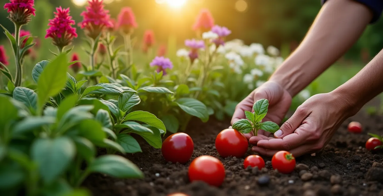 Massif de tomates pourpres avec monarde rouge et achillée blanche créant un écran fleuri