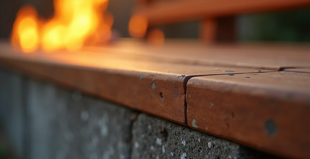 Gros plan sur un banc hybride avec base en béton et assise en cèdre près d'un foyer extérieur
