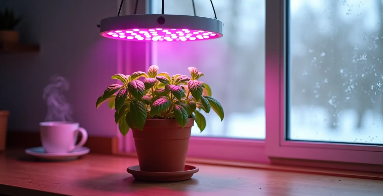 Plant de basilic vert luxuriant dans un pot en terre cuite sous une lampe de croissance LED, sur un comptoir de cuisine avec fenêtre enneigée en arrière-plan