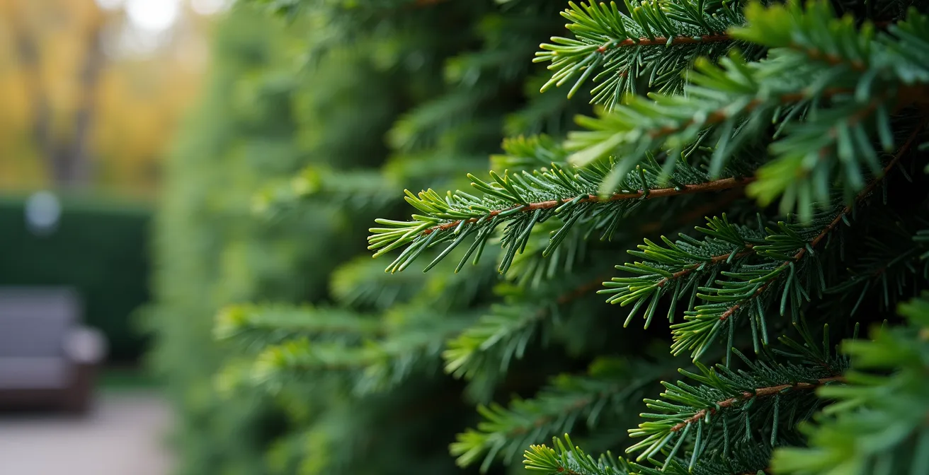 Haie de thuyas servant de brise-vent naturel pour une terrasse canadienne avec mobilier protégé