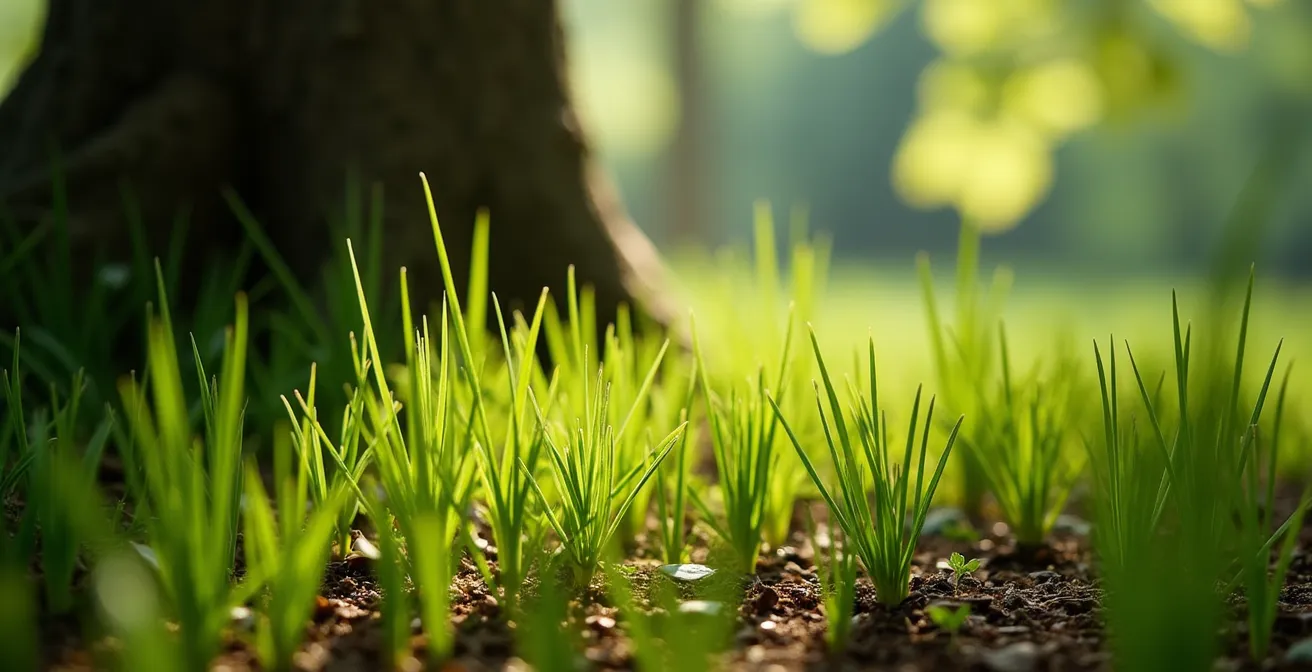 Carex poussant à l'ombre d'un érable avec technique de poche de plantation visible