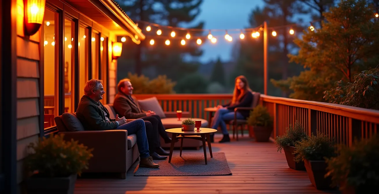Système de chauffage infrarouge mural éclairant une terrasse canadienne en soirée d'automne
