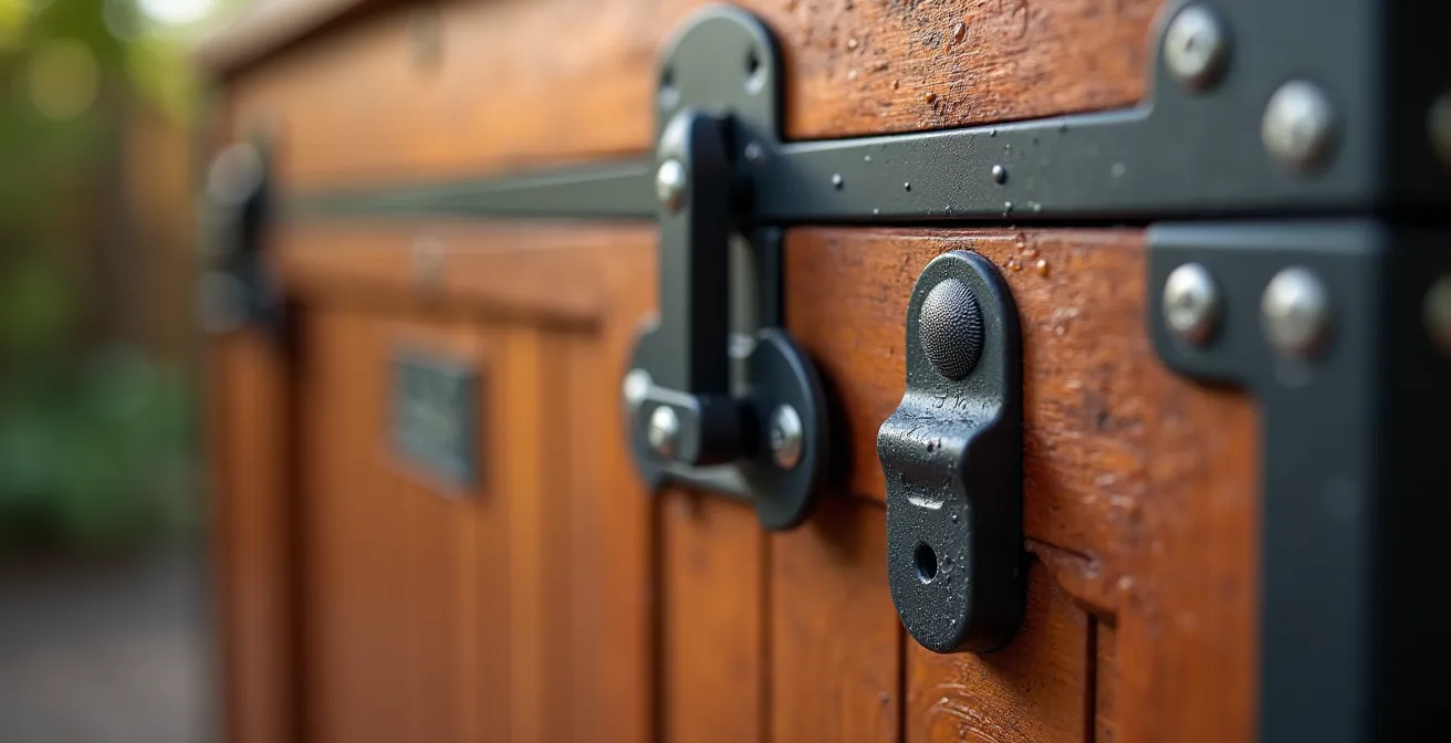 Coffre de rangement extérieur robuste avec système anti-ratons laveurs sur terrasse canadienne