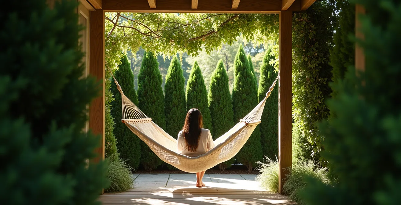 Coin lecture privé avec un hamac suspendu de couleur crème, entouré d'arbustes persistants et de plantes grimpantes sur un treillis.