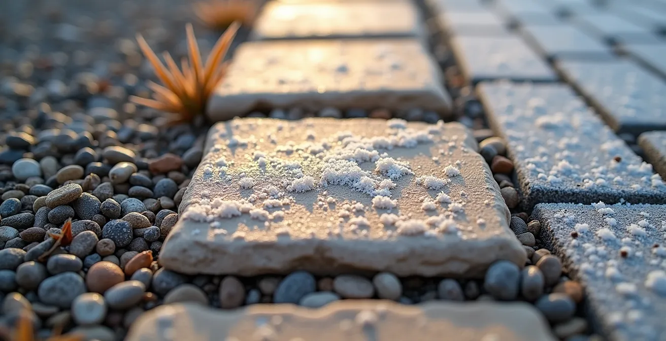 Gros plan sur trois matériaux d'allée côte à côte : gravier, pas japonais et pavé uni