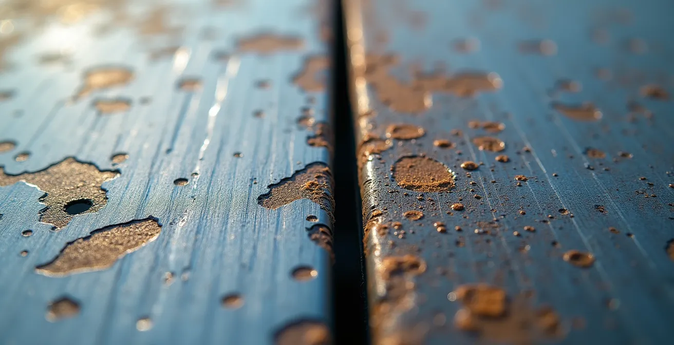 Détail macro de surfaces métalliques exposées au sel marin montrant la différence de corrosion