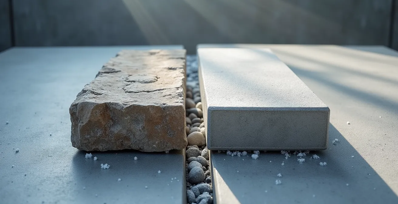 Échantillons de calcaire local et béton préfabriqué exposés aux conditions hivernales