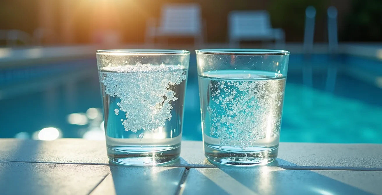 Gros plan sur deux échantillons d'eau de piscine montrant la différence de clarté et de texture