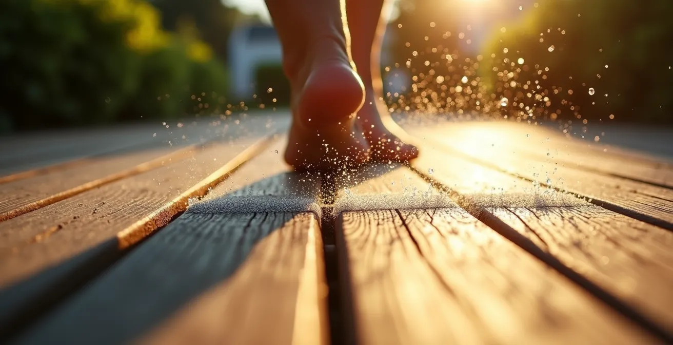 Vue macro montrant la différence de température entre composite foncé et bois clair sous le soleil