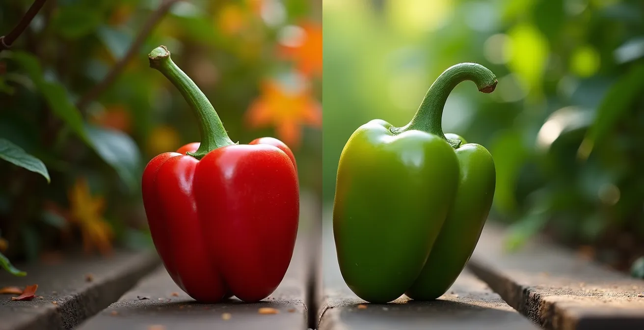 Comparaison visuelle entre des poivrons hâtifs entièrement rouges et des poivrons tardifs encore verts, symbolisant l'importance du choix de la variété.