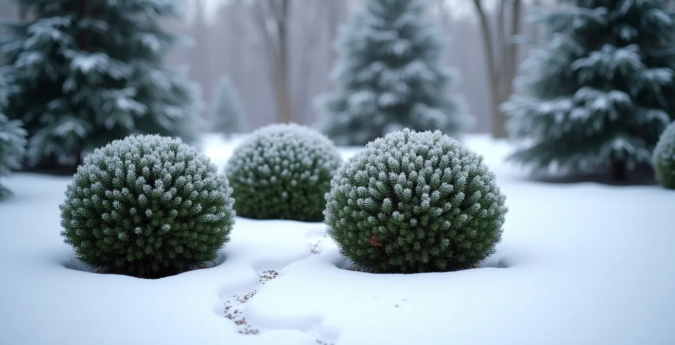 Conifères nains en forme de boule parfaite sous la neige dans un jardin d'hiver
