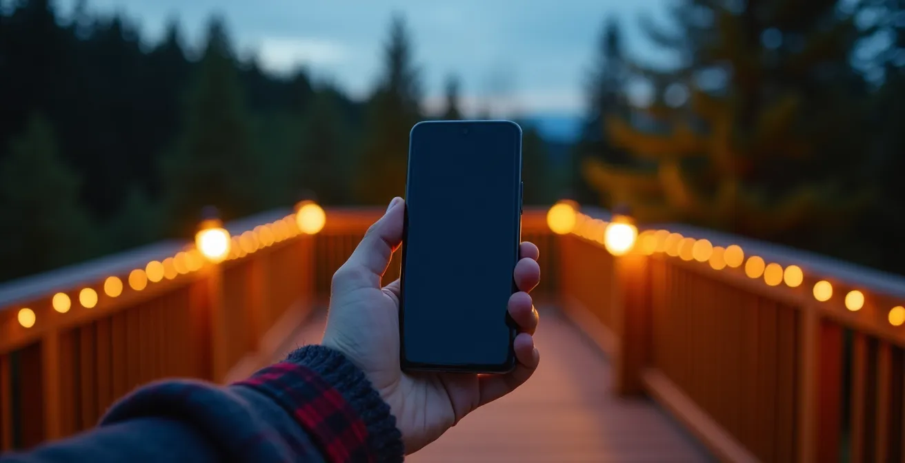 Main tenant un téléphone avec application de contrôle d'éclairage, terrasse illuminée en arrière-plan