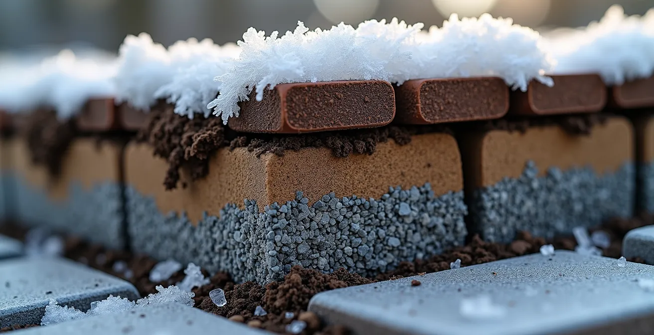 Vue en coupe d'une fondation de pavé-uni montrant les couches de gravier et l'action du gel