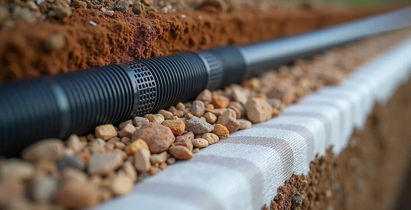 Coupe transversale d'un mur de soutènement montrant le système de drainage avec drain français et géotextile