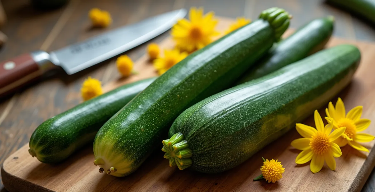 Quatre courgettes de tailles différentes alignées sur une planche à découper en bois, montrant la progression de taille