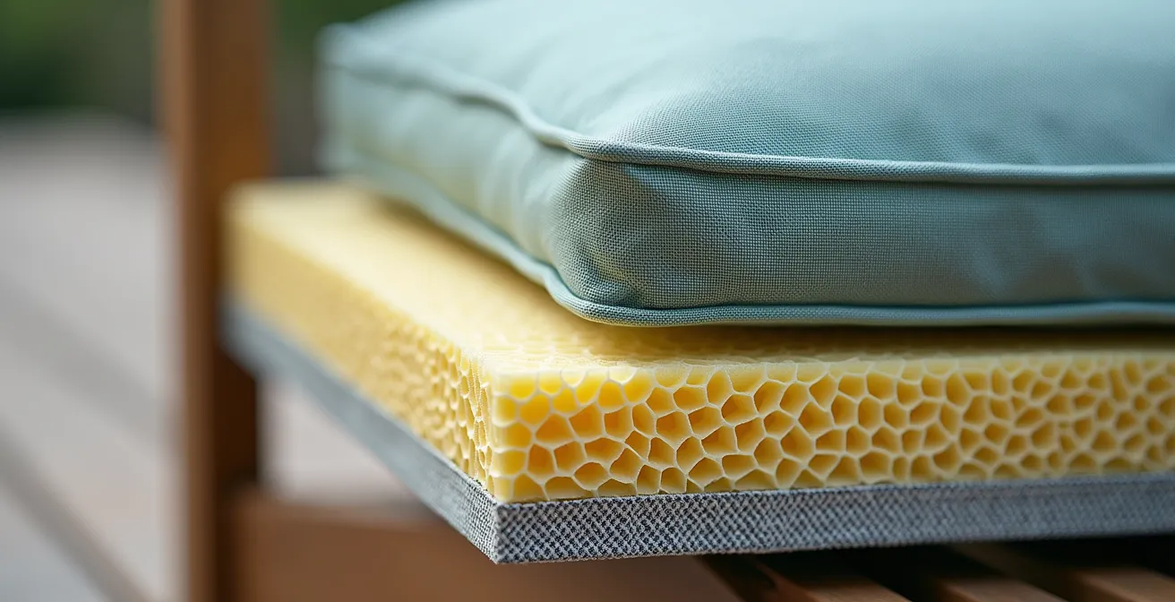 Coupe transversale d'un coussin d'extérieur montrant les couches de mousse et le système de drainage
