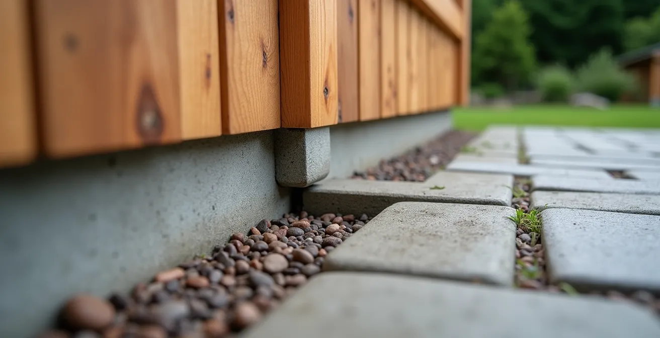 Vue rapprochée de la jonction correcte entre pavé et revêtement mural avec un dégagement de protection.