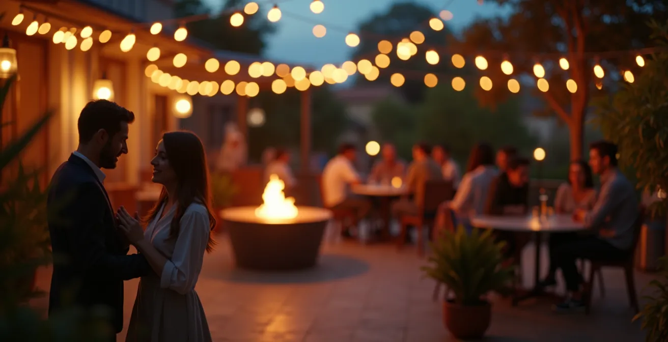 Terrasse canadienne avec éclairage multicouche créant une ambiance chaleureuse en soirée d'automne