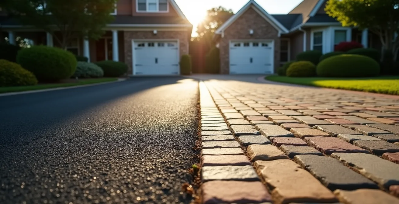 Comparaison côte à côte d'une entrée en pavé uni moderne et d'une entrée en asphalte scellée