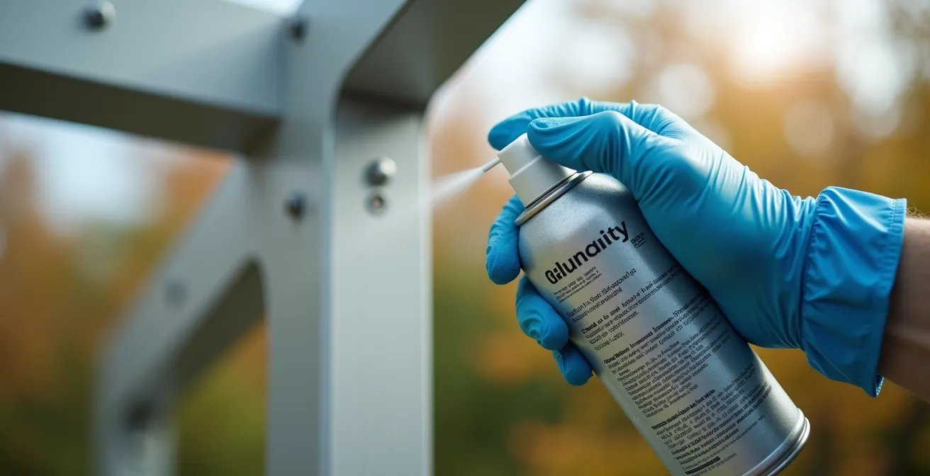 Gros plan sur la lubrification d'un mécanisme de pergola bioclimatique