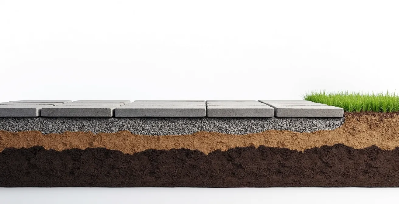 Coupe transversale d'une fondation de pavé montrant les différentes couches de matériaux drainants