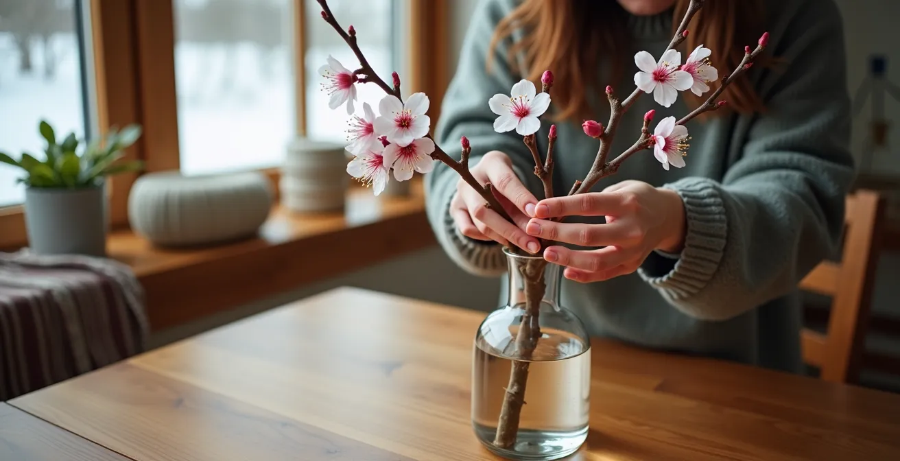 Branches de pommetier en fleurs dans un vase transparent sur une table de salon canadienne
