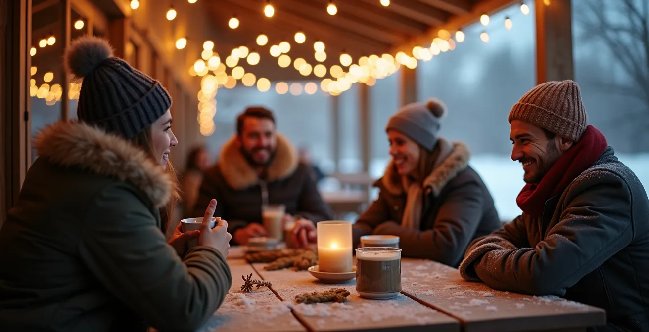 Guirlandes lumineuses alimentées par batterie USB illuminant une terrasse couverte lors d'une fête hivernale au Québec