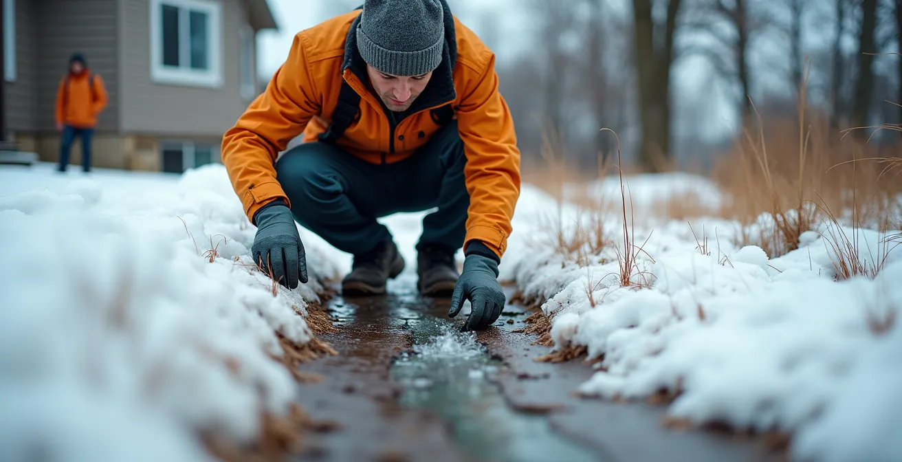 Paysagiste inspectant le drainage d'un terrain québécois pendant la fonte des neiges printanière