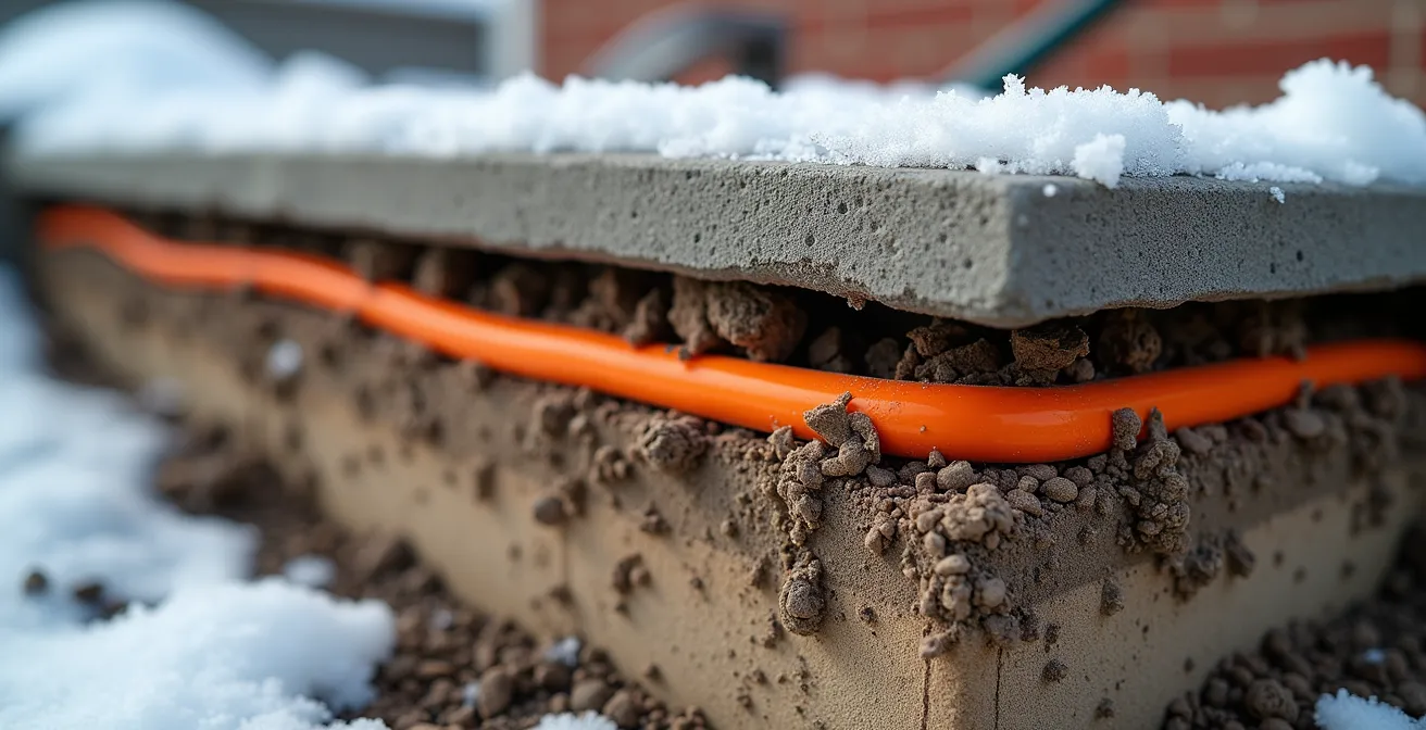 Vue en coupe d'un câble 12V passant sous un trottoir avec gaine protectrice dans le sol