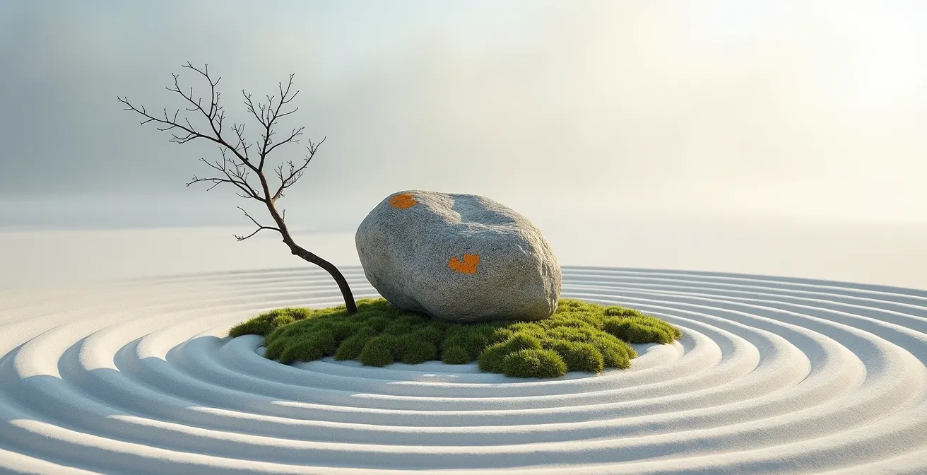Jardin zen minimaliste avec un unique rocher de granit couvert de lichen, entouré de sable blanc ratissé en cercles concentriques.