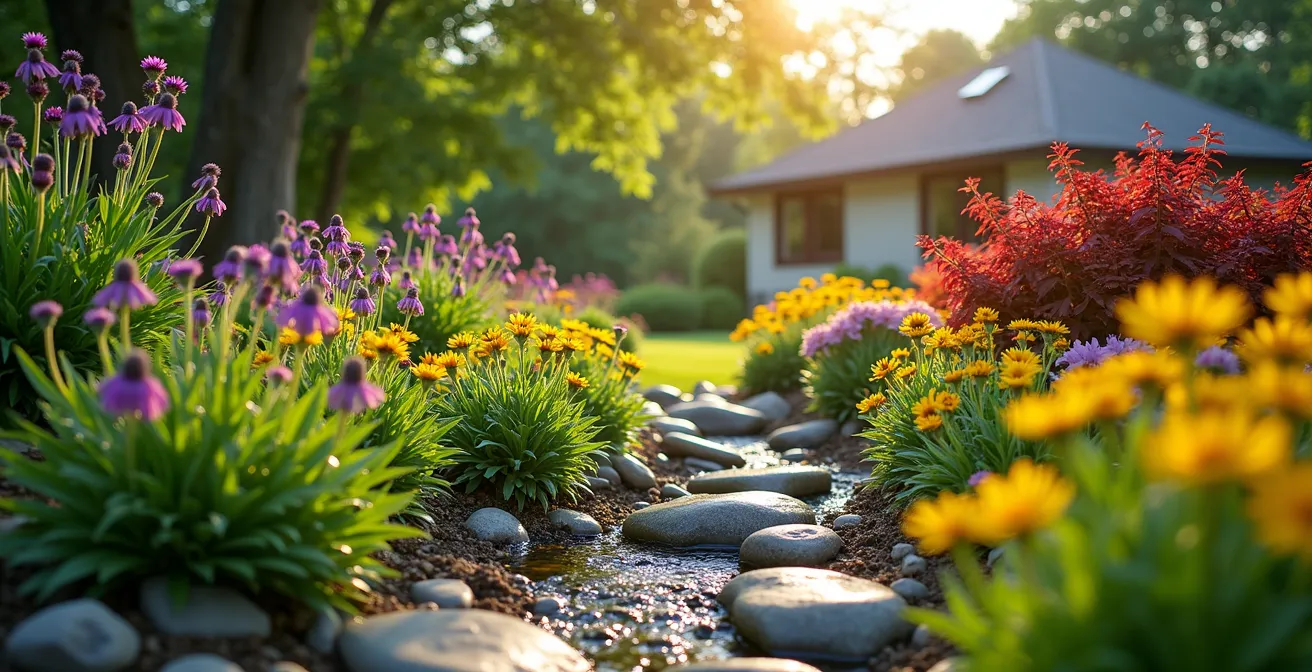 Jardin de pluie avec plantes indigènes canadiennes pour la gestion écologique des eaux