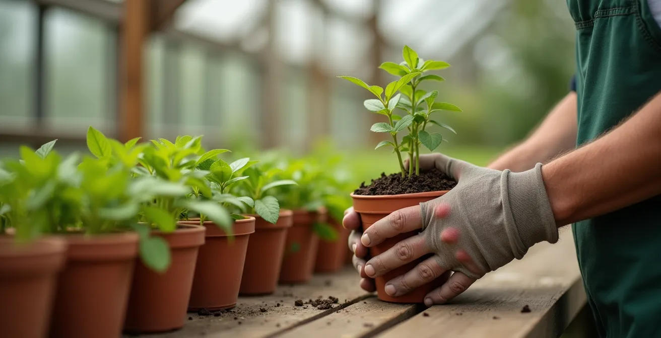 Jardinier sélectionnant des plants de fleurs comestibles certifiées biologiques dans une pépinière