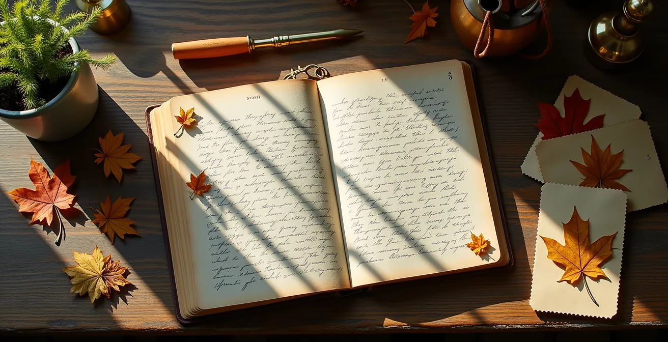 Bureau en bois avec journal de jardinage ouvert, outils de jardin vintage et échantillons de plantes séchées