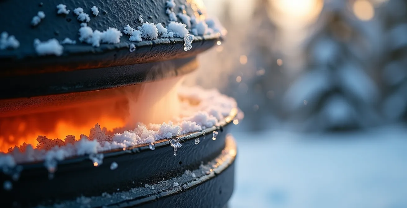 Gros plan sur un kamado en céramique avec de la neige fondante révélant sa surface noire brillante