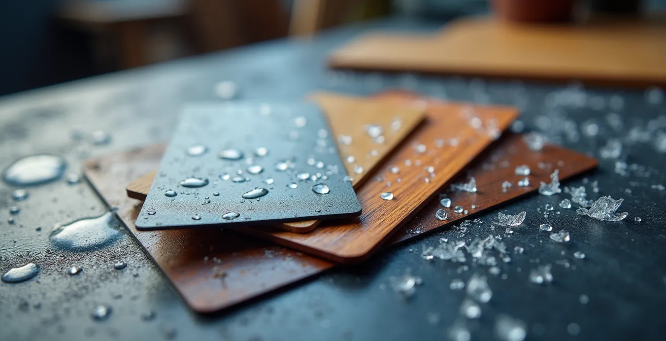 Échantillons de matériaux noirs exposés aux intempéries montrant différents degrés de décoloration