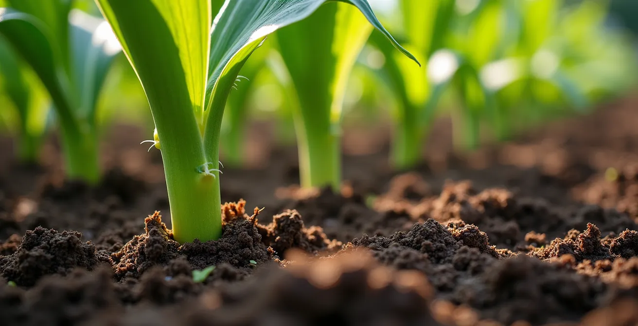 Gros plan sur un carré potager bio-intensif avec associations de cultures et mycorhizes visibles