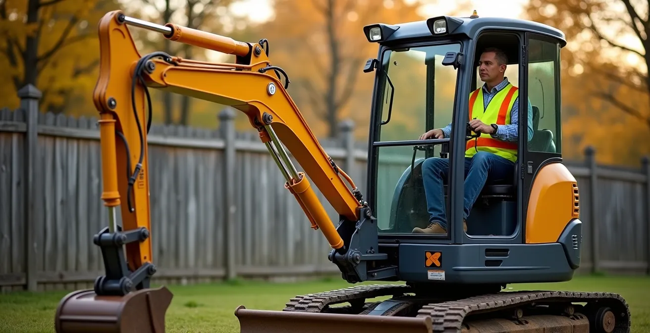 Mini-pelle avec chenilles en caoutchouc travaillant sur un terrain résidentiel canadien