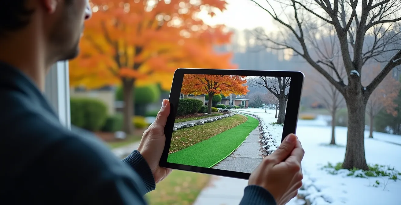 Vue comparative été-hiver d'un aménagement paysager canadien montrant l'impact de la modélisation 3D sur les décisions de design