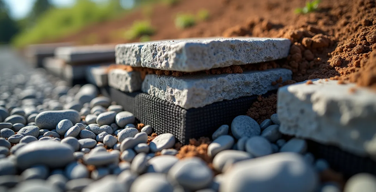 Mur de soutènement en pierres avec géotextile visible sur terrain en pente