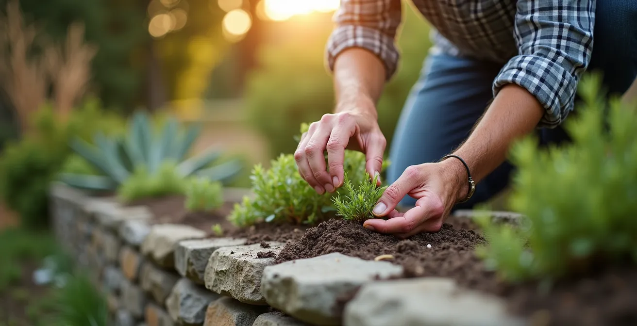 Mur de soutènement végétalisé avec sédums et plantes vivaces en cascade