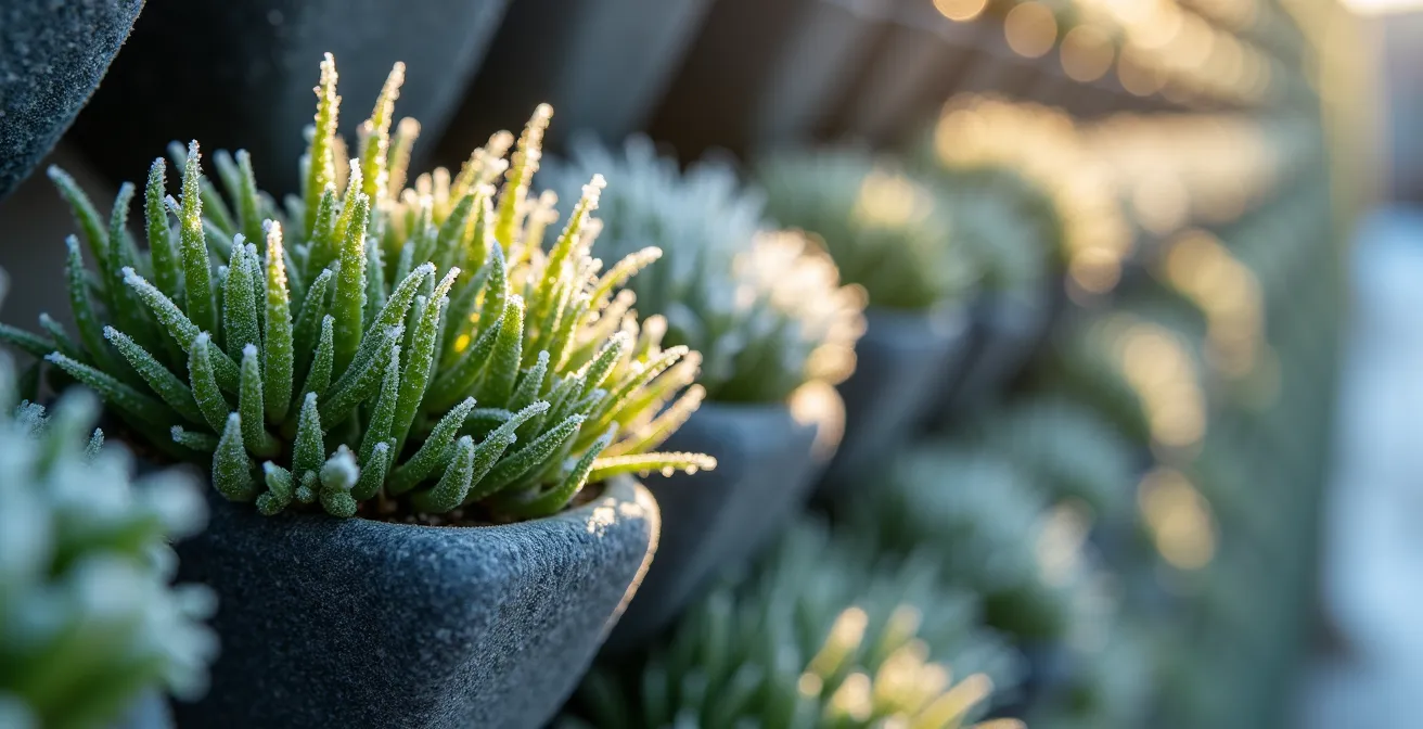 Gros plan macro sur des modules de mur végétal avec givre et plantes alpines résistantes en hiver
