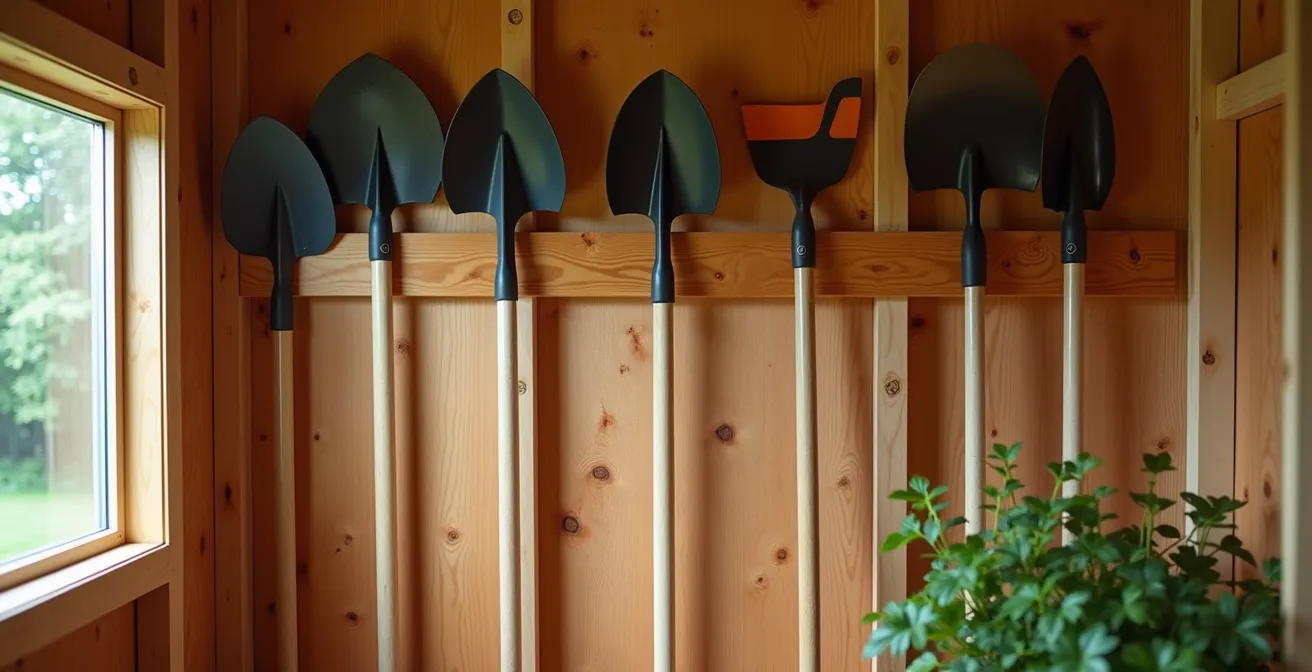 Rangement mural d'outils de jardinage à long manche dans un cabanon en bois avec système d'accrochage à hauteur accessible