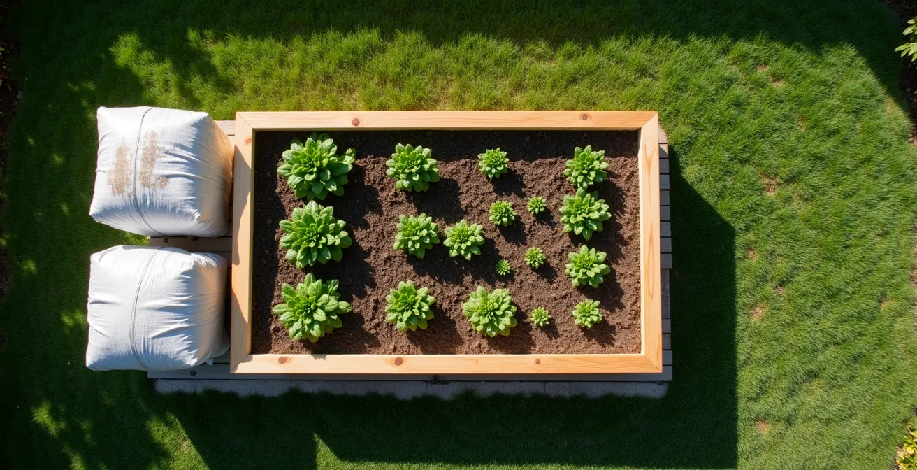 Vue aérienne d'un potager carré de 4x4 pieds bien organisé avec 3 sacs de terreau à côté
