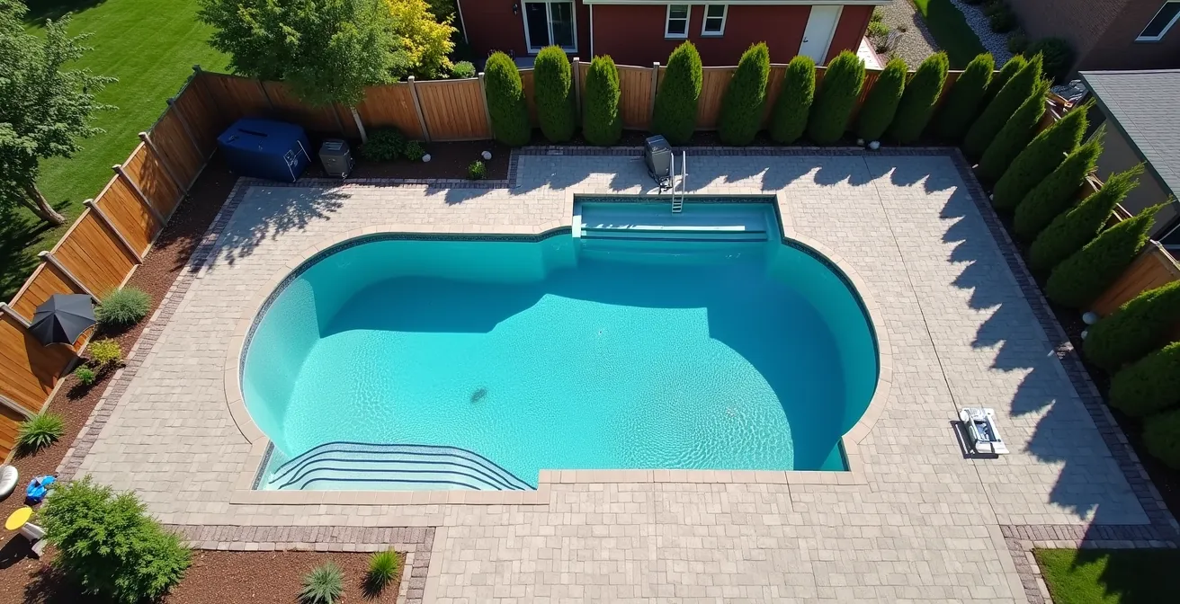 Vue aérienne d'une cour arrière avec piscine creusée entourée de pavé uni et équipements d'entretien